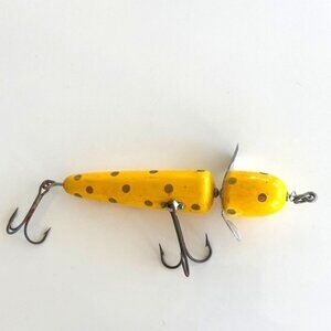 Vintage Pflueger Globe 3750 Fishing Lure 5 1/4” Wood Bulldog Prop Yellow Gold Do